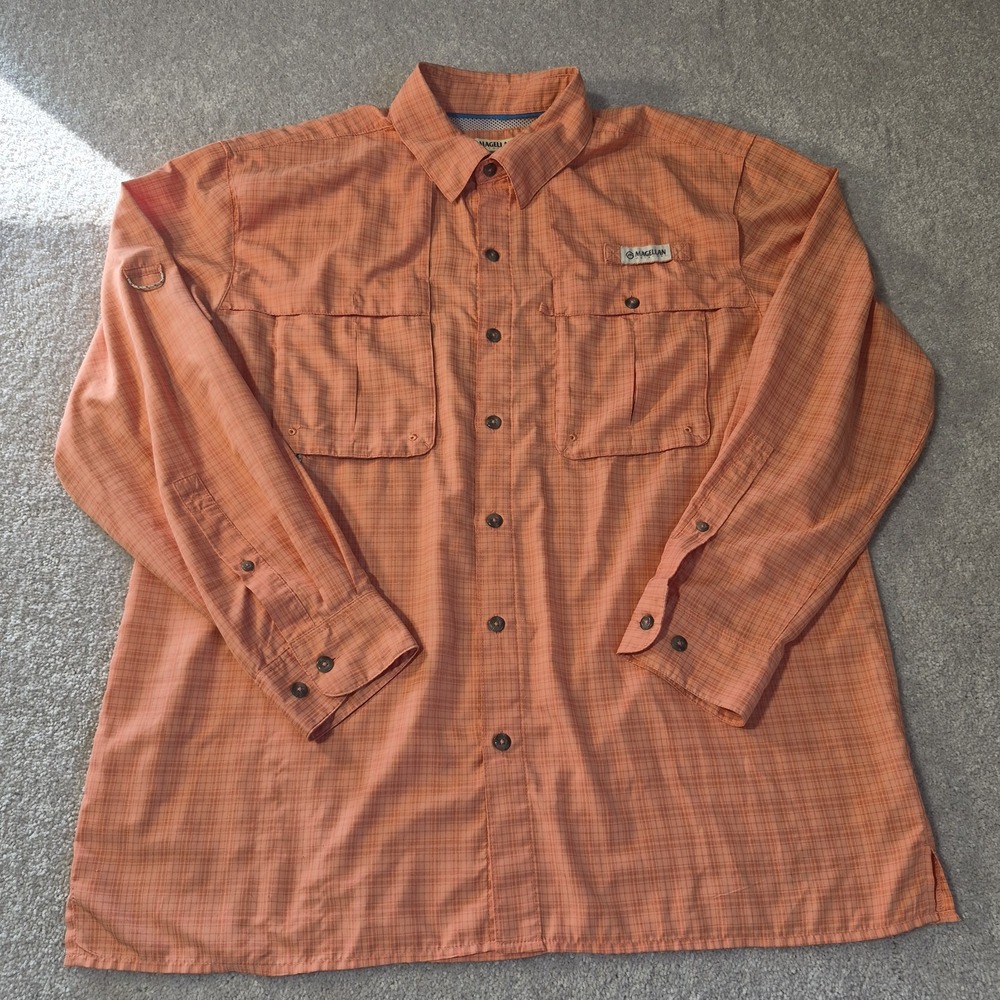 Magellan Outdoors Men's Large S/S Angler Fit Mag-Wick Orange Plaid Shirt Fishing